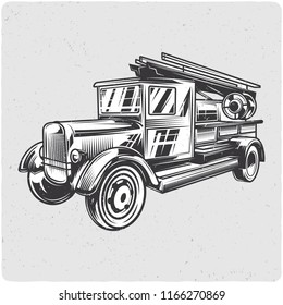 Firetruck. Black and white illustration. Isolated on light backgrond with grunge noise and frame.