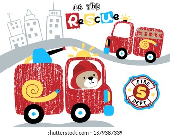 Firetruck cartoon with funny bear in city road