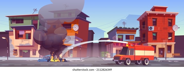 Firetruck extinguishing burning car on ghetto area road. Vector cartoon illustration of cityscape with poor dirty houses, broken car in fire and red emergency truck spraying water
