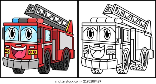 Firetruck with Face Vehicle Coloring Illustration