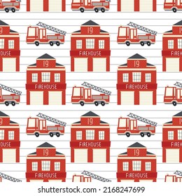 Firetruck and fire station. Cute fire truck seamless pattern. Vector illustration for a child in a simple Scandinavian hand-drawn style. The palette is ideal for printing on children's clothing.