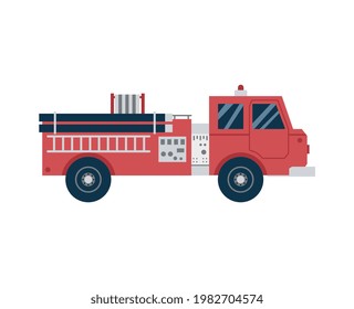 Icono de caricatura de coche de bomberos o camiones de bomberos, ilustración de vector plana aislada en fondo blanco. Transporte de extinción de incendios con escaleras para extinguir incendios.