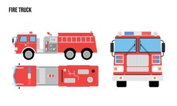 Firetruck Flat Design Illustration, Public Vehicles , Top View, Side View, Front View, Isolated By White Background