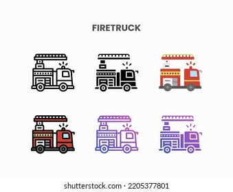 Firetruck icon set with line, outline, flat, filled, glyph, color, gradient. Can be used for digital product, presentation, print design and more.