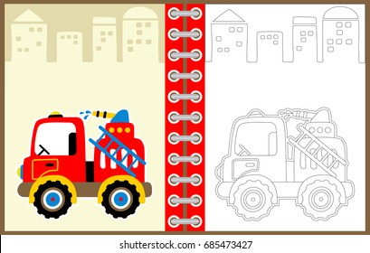 firetruck vector cartoon illustration on buildings background, coloring page or book