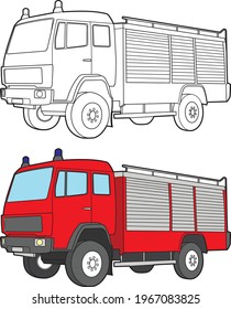 Firetruck vector drawing transportation learning education cartoon drawing, line art and colored.