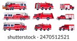 Firetrucks. Firetruck with ladder, fire truck toy fireman engine firefighter brigade cartoon van car emergency department vehicle 911 firefighting auto, recent vector illustration of emergency truck