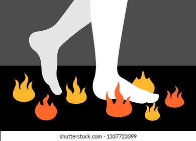 Firewalking / Fire walking - human barefoot leg and foot is walking on hot  fire, flame and embers. Vector illustration