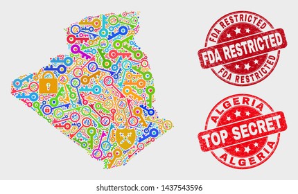 Firewall Algeria map and seals. Red round Top Secret and FDA Restricted grunge watermarks. Colorful Algeria map mosaic of different security icons. Vector composition for security purposes.