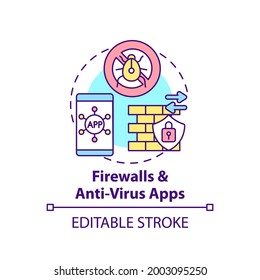 Firewall and anti-virus apps concept icon. Control and filtering of network traffic idea thin line illustration. Safety of information. Vector isolated outline RGB color drawing. Editable stroke