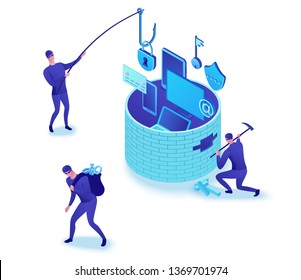 Firewall attack, phishing scam, data theft, hackers breaking wall to steal data, information protection concept, cyber crime, computer safety and security, 3d isometric illustration