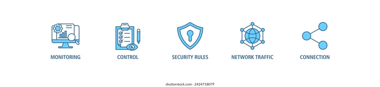 Firewall banner web icon set vector illustration concept for network security system with icon of monitoring, control, security rules, network traffic and connection