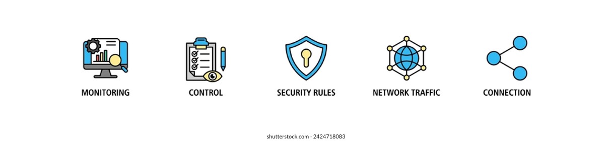 Firewall banner web icon set vector illustration concept for network security system with icon of monitoring, control, security rules, network traffic and connection