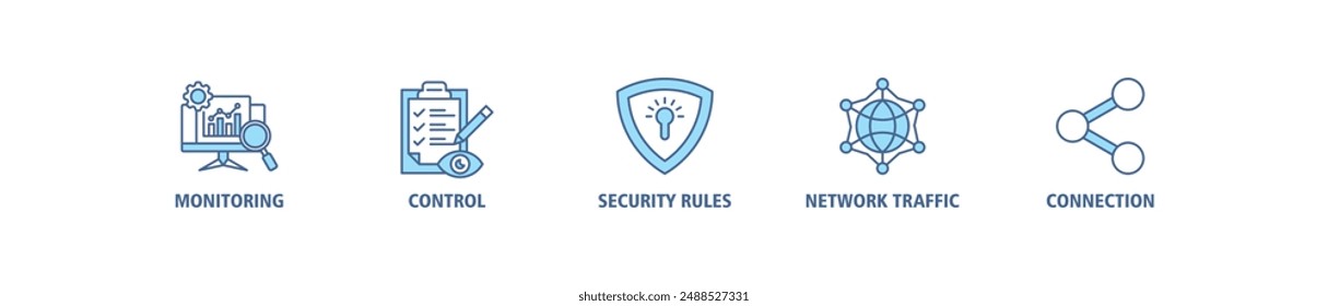Conjunto de iconos de Web de Anuncio de cortafuegos para el sistema de seguridad de red con Vector de supervisión, control, reglas de seguridad, tráfico de red y conexión