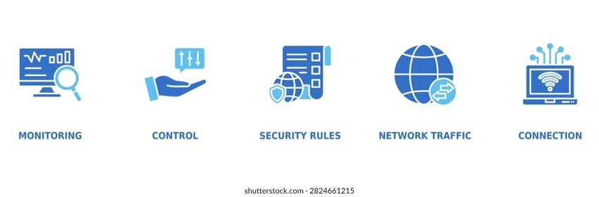 Firewall Banner Web Icon Vector Illustration Concept with Icons of Monitoring, Control, Security Rules, Network Traffic, and Connection Protection
