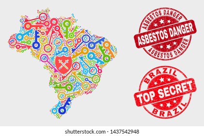 Firewall Brazil map and stamps. Red rounded Top Secret and Asbestos Danger scratched seal stamps. Colorful Brazil map mosaic of different guard symbols. Vector collage for security purposes.