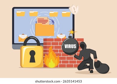 Firewall Breach and Data Theft: A Hooded Hacker Deploying a Virus Bomb to Bypass a Firewall, Aiming to Steal Confidential Files and Emails Displayed on a Compromised Computer Screen.