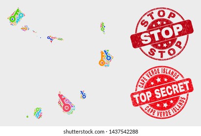 Firewall Cape Verde Islands map and watermarks. Red rounded Top Secret and Stop grunge watermarks. Bright Cape Verde Islands map mosaic of different access symbols.