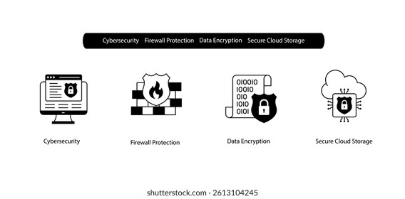 Firewall and Cloud Encryption Icons for Cybersecurity Data Protection Systems