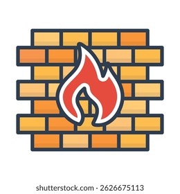 Firewall color icon, symbolizing network security and cyber protection, featuring a brick wall with a flame representing defense against cyber threats.