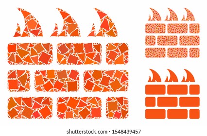 Firewall composition of inequal pieces in various sizes and color hues, based on firewall icon. Vector abrupt pieces are grouped into composition. Firewall icons collage with dotted pattern.