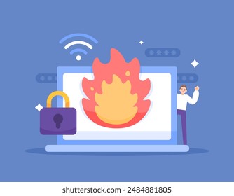 firewall concept. A security system that functions to protect networks and computers from threats. prevent from malicious attacks. illustration of fire symbol with laptop. flat style design. graphic