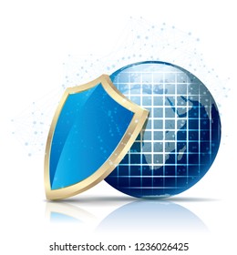 Firewall concept. Shield and earth. Global communications.