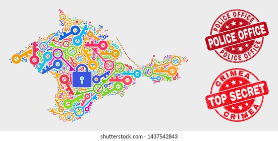 Firewall Crimea map and watermarks. Red round Top Secret and Police Office distress watermarks. Colorful Crimea map mosaic of different lock icons. Vector combination for safety purposes.