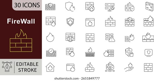 Firewall Editable Line Icons Set for Cybersecurity, Network Protection, and Data Security Concepts