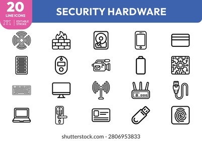 Firewall, encrypted hard drive, fingerprint scanner, smartphone with lock, circuit board, USB drive, server rack, router, and network cable icons for cybersecurity documentation and system security projects.
