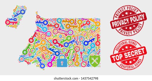 Firewall Equatorial Guinea map and seal stamps. Red rounded Top Secret and Privacy Policy distress stamps. Colorful Equatorial Guinea map mosaic of different access elements.