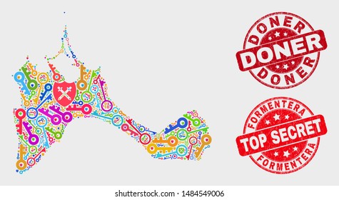 Firewall Formentera Island map and seal stamps. Red round Top Secret and Doner distress seal stamps. Colorful Formentera Island map mosaic of different security symbols.