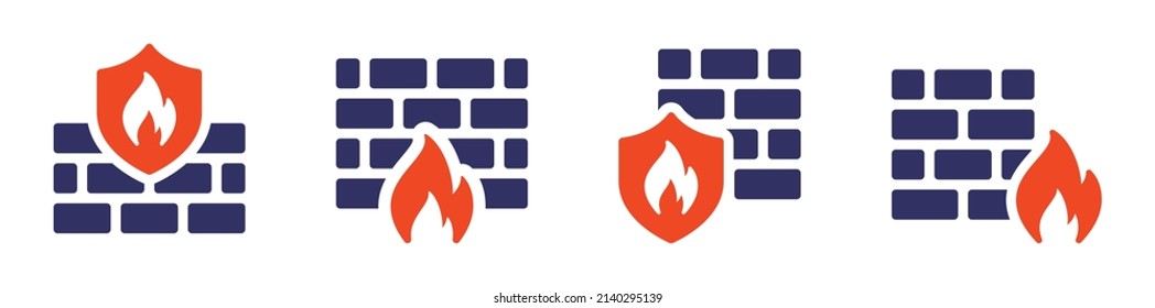 Colección de iconos del cortafuegos. Pared de ladrillo e icono de fuego. Concepto de seguridad en Internet.