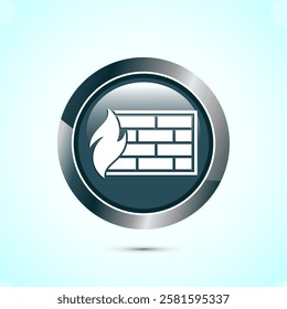 Firewall icon design illustration. Brick wall and fire icon, Internet security sign, Gray color round button design