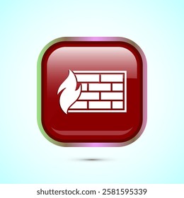 Firewall icon design illustration. Brick wall and fire icon, Internet security sign, Red color square button design