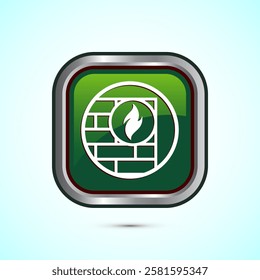 Firewall icon design illustration. Brick wall and fire icon, Internet security sign, Green color square button design