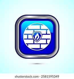 Firewall icon design illustration. Brick wall and fire icon, Internet security sign, Blue color square button design