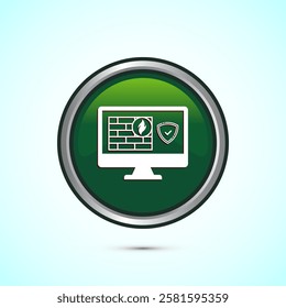 Firewall icon design illustration. Brick wall and fire icon, Internet security sign, Green color round button design