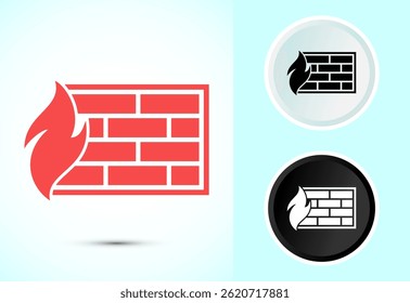 Firewall icon design illustration. Brick wall and fire icon, Internet security sign, Button design
