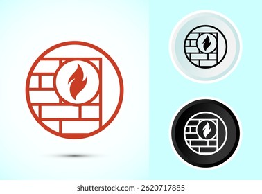 Symbol für Firewall-Design. Ziegelmauer und Feuersymbol, Internet-Sicherheitszeichen, Button-Design