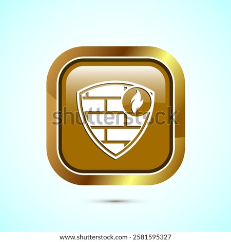 Firewall icon design illustration. Brick wall and fire icon, Internet security sign, Gold color square button design
