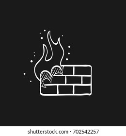 Firewall icon in doodle sketch lines. Computer network, internet protection, antivirus 