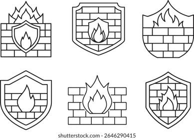Um ícone de firewall, com um escudo com uma chama dentro, protegido por uma parede de tijolos e chamas acima. silhueta