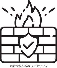 Firewall icon in line style with fire and shield, suitable for network defense visuals, system protection, or cyber control design.