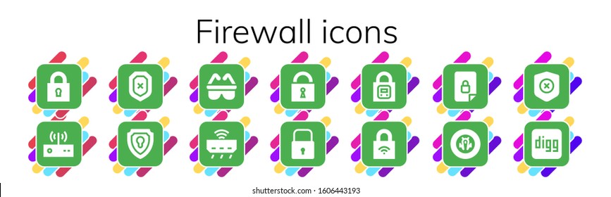 firewall icon set. 14 filled firewall icons. Included Lock, Modem, Shield, Safety, Router, Locked, Digg icons