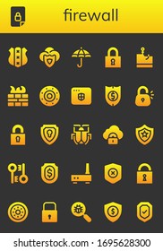 firewall icon set. 26 filled firewall icons. Included Shield, Locked, Protection, Lock, Phishing, Firewall, Antivirus, Malware, Security, Encryption, Router, Virus search icons