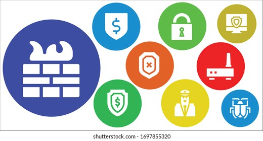 firewall icon set. 9 filled firewall icons.  Simple modern icons such as: Firewall, Protection, Lock, Shield, Security, Router, Antivirus, Malware