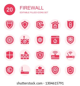 firewall icon set. Collection of 20 filled firewall icons included Shield, Security, Secure, Phishing, Firewall, Modem, Router