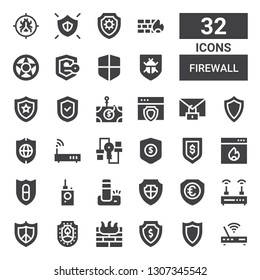 firewall icon set. Collection of 32 filled firewall icons included Modem, Shield, Firewall, Protection, Protect, Router, Bug detector, Secure, Antivirus, Phishing, Security, Data protection