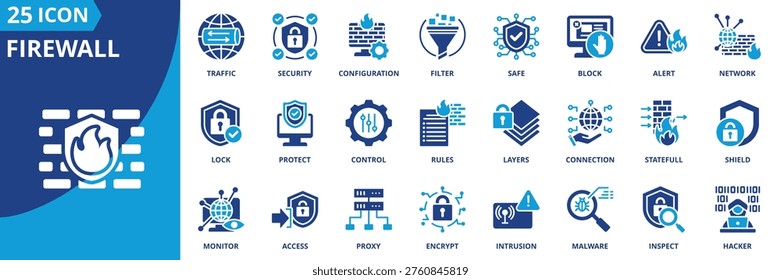 firewall icon set collection in solid glyph dual color style. pack contain security, block, filter, rules, network, protect, access, shield, control, traffic icon